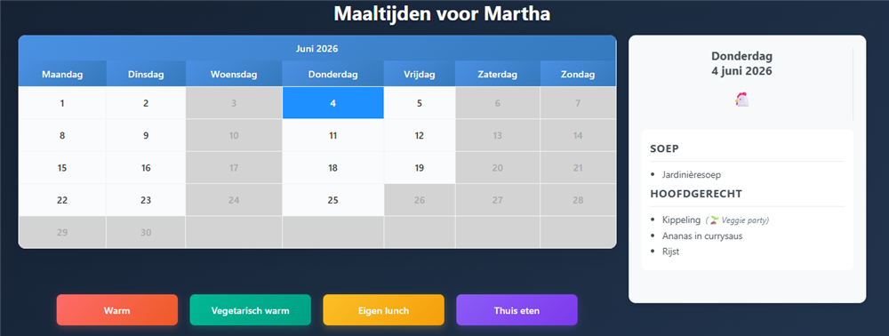 Parent meal calendar for June 2026 — selected day Thursday 4 June shows chicken menu in sidebar; coloured buttons at the bottom let parents pick warm, vegetarian, packed lunch, or eating at home