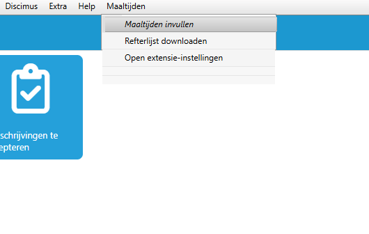 Informat iBasis navigation bar with an injected Maaltijden menu open, showing three options: Maaltijden invullen, Refterlijst downloaden, and Open extensie-instellingen