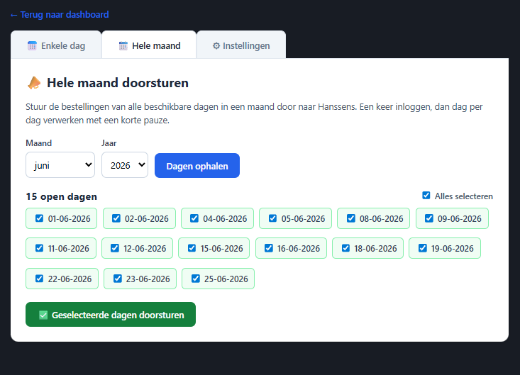 Hele maand doorsturen — monthly order screen showing June 2026 with 15 open days all selected, ready to send to Hanssens